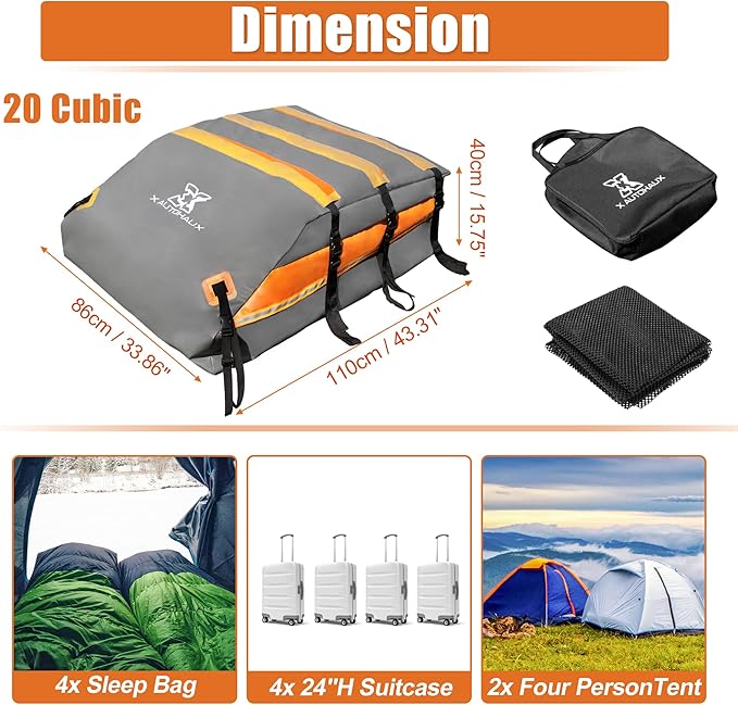 X AUTOHAUX 1000D PVC Waterproof Car Roof Bag Rooftop Cargo Carrier Bag Waterproof Luggage Carriers for Cars with or without Rack Anti-Slip Mat 6 Door Hooks - 15 Cubic Feet