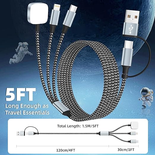 Travel 3 in 2 Charging Cable for iWatch Charger, Travel Essentials UB-A/USB-C Multi Charging Cable/Cord for All Devices Compatible for iWatch Ultra/SE/10-1, iPhone16 15 14, Android-5FT