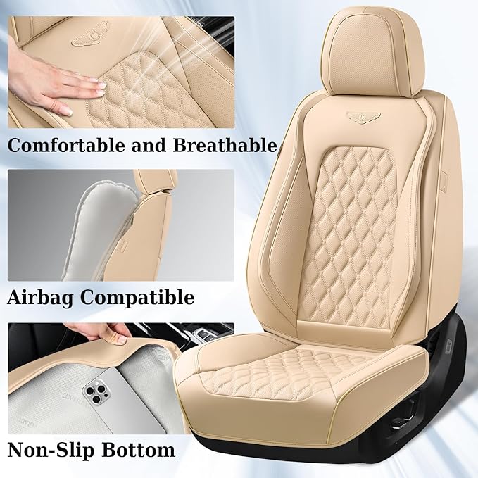 Coverado Front Car Seat Covers, Faux Leather Oil-Resistant Non-Slip Cushions, Universal Fit for Sedans, Pickups, SUVs, Waterproof Seat Covers, Car Seat Protectors – Beige