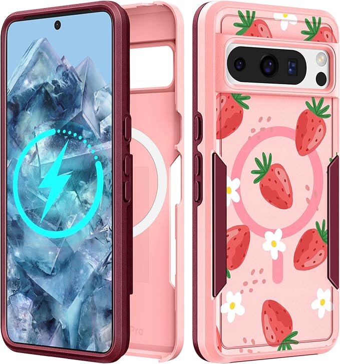 for Google Pixel 8 Pro Case - Compatible with MagSafe Women Girls Cute Magnetic Protective Cover Girly Kawaii Strawberry Heavy Duty Shockproof Design for Google Pixel 8 Pro Phone Cases