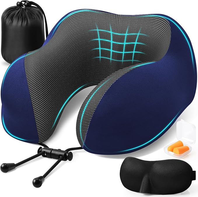 Travel Pillow, Travel Pillows for Sleeping Airplane, Neck Pillow Airplane, Memory Foam Neck Pillow Set with Eye Mask, Earplugs and Storage Bag -Blue
