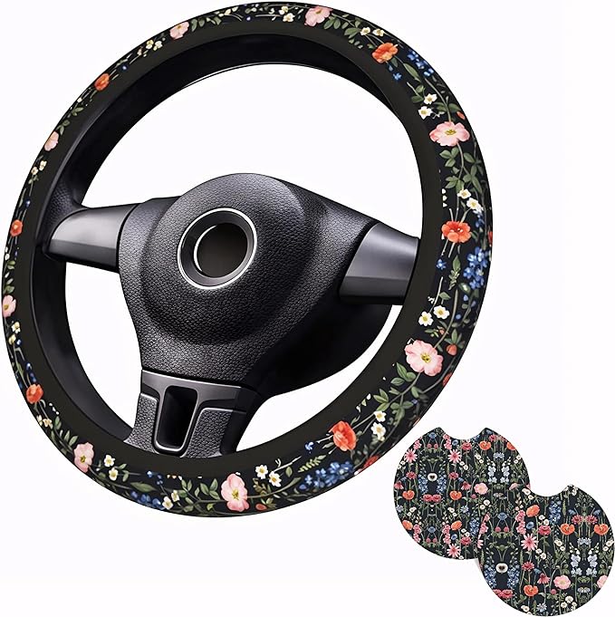 Wildflower Car Steering Wheel Cover - Multicolor Wildflower Steering Wheel Cover Anti-Slip Breathable Universal for 15 Inch Car 2 Pieces Coasters Suitable for Men Women