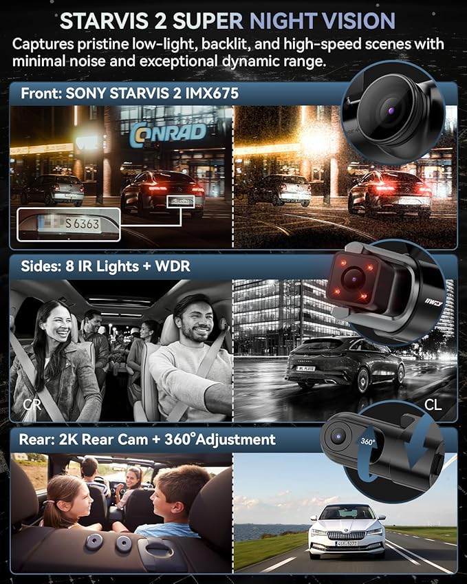 IIWEY 4 Channel Dash Cam 360° View, STARVIS 2 Front 2.7K Rear 2K Inside 1080P x2, 8IR LEDs Night Vision 3.0, PlateTag AI for Plate Clarity, 5GHz WiFi GPS, Voice Control, 24/7 Parking Mode, 128GB Card