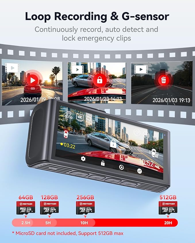 REDTIGER F7NA 4K Dual Dash Cam, STARVIS 2 IMX678, 8MP, 5GHz WiFi (20MB/s Fast Download), 4K Front 1080P Rear, GPS, Voice Control, WDR, HDR Night Vision, 24H Parking Mode, Support 512GB Max(No SD Card)