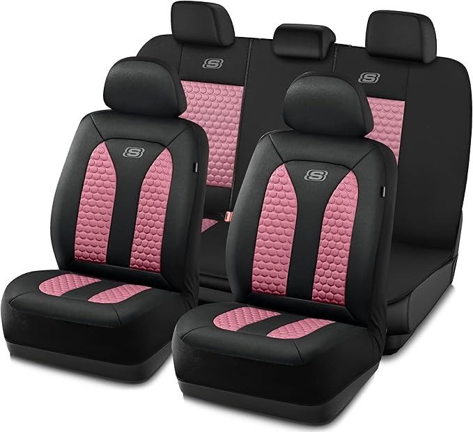 Skechers Memory Foam™ Car Seat Cover Full Sets, Hexcomb Breathable Thick Seat Covers, Airbag Compatible, Automotive Comfort & Protection for Most Cars,Van,Trucks, SUVs (Pink,Full Set)