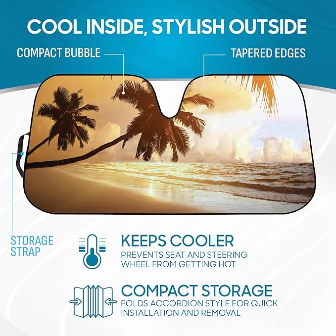 BDK Golden Sunset Beach Front Windshield Sun Shade Accordion Folding Cute Car Window Shades for Truck & Car Sunshade Shield for Sun UV Rays - Visor Protector Keeps Your Vehicle Cool - 58 x 27 inches