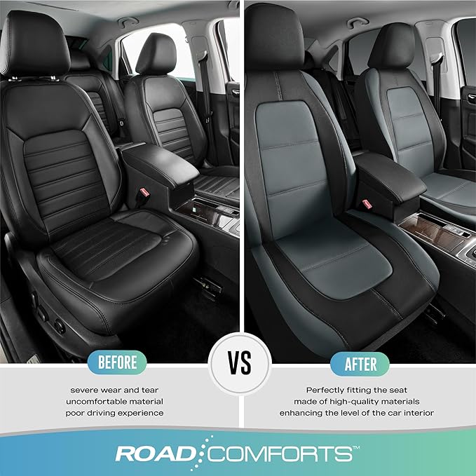Road Comforts Car Seat Cover, Front Leather Car Seat Covers, Automotive Low Back Sport Car Seat Covers, Airbag Compatible, Universal Fit for Most Cars, SUVs, Trucks and Vans