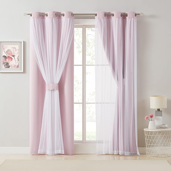 Bujasso Pink Blackout Curtains with Sheer Overlay Mix and Match Double Layer 80% Room Darkening Window Treatment Set for Girls Bedroom Living Room Pink Drapes with Tiebacks Grommet Top 54" Wx102 Lx2