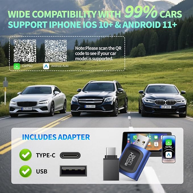 2026 Upgraded 2-in-1 Wireless CarPlay Adapter & Android Auto Wireless Adapter, Bluetooth Car Adapter for Wired to Wireless, Fast & Stable Auto-Connect, 5G WiFi & BT 5.4, Plug & Play (USB-C/A)