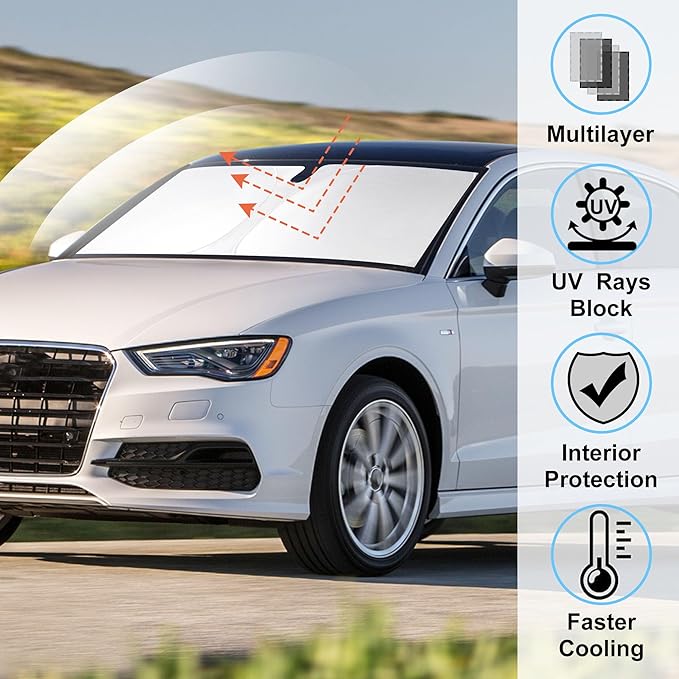 Windshield Sun Shade Custom Fit for 2014-2020 Audi A3 Accessories Foldable Sunshade Sun Blocker Protect Car from Sun Rays & Heat Damage Keep Car Cooler