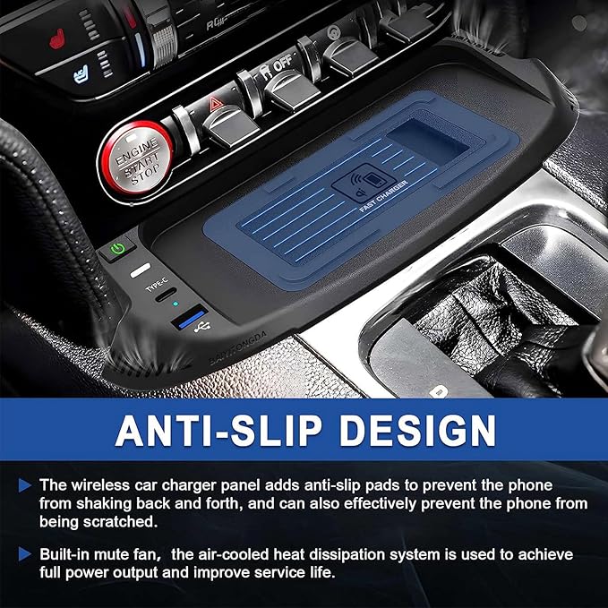 Car Wireless Charger for Ford Mustang 2015-2022, 15W Center Console Wireless Charging Tray Qi Wireless Charging Station with USB Port