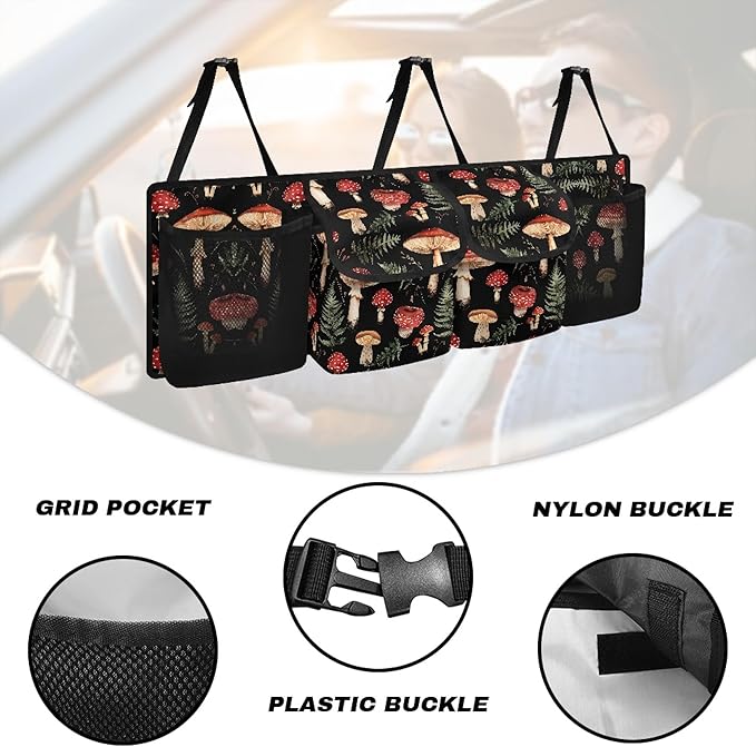 Mushroom Back Trunk Seat Organizer for SUV, Sedan, Van, Oxford Cloth, Equipped with Robust Elastic Net, Hanging Car Storage Organizer with Lids, Easy to Clean & Install In All Vehicles