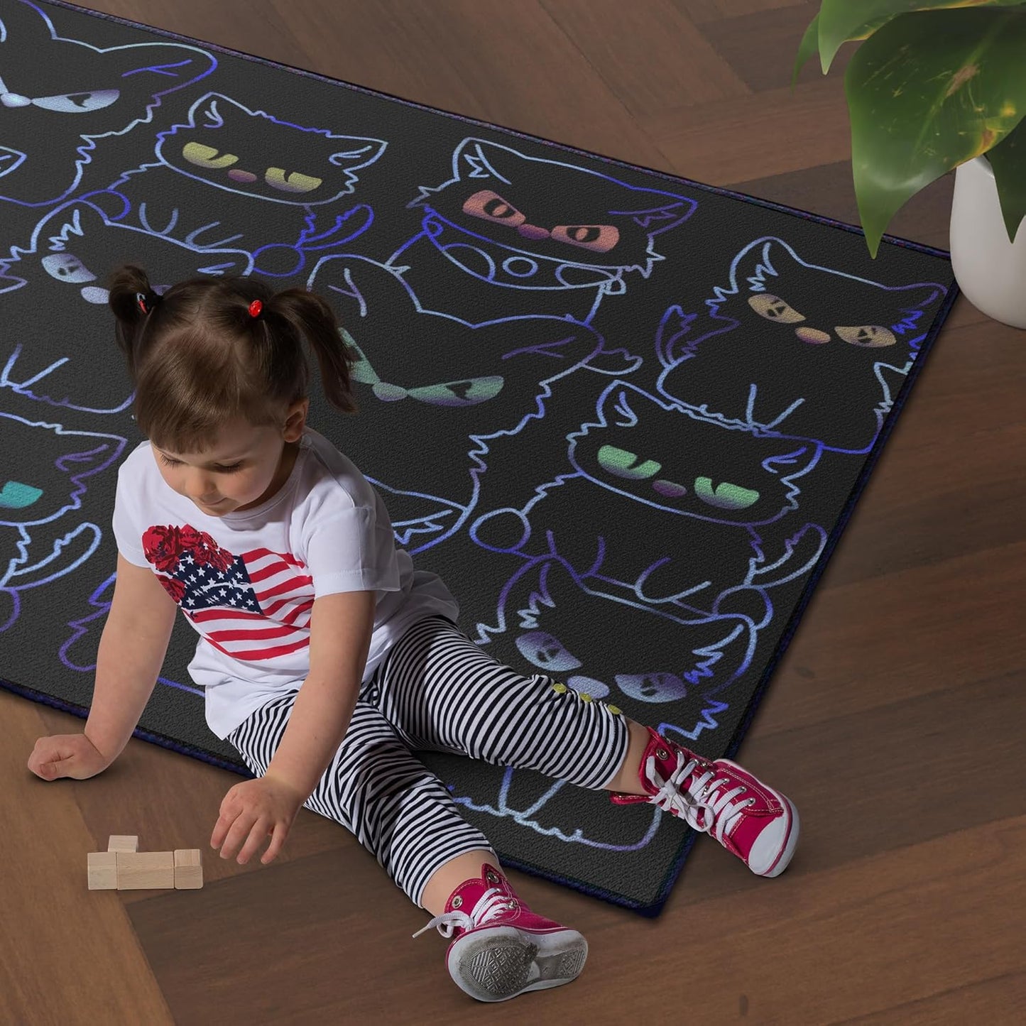 Black Play Cat Rug for Playroom for Boys Girls 3x4 Funny Cute Cat Cartoon Decor for Bedroom Living Room Non-Slip Comfy Floor Casual Mat Carpet Washable