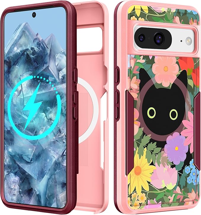 for Google Pixel 8 Case 6.2 Inch - Compatible with MagSafe Women Girls Cute Magnetic Protective Cover Girly Cat Flower Floral Heavy Duty Shockproof Design for Google Pixel 8 Phone Cases