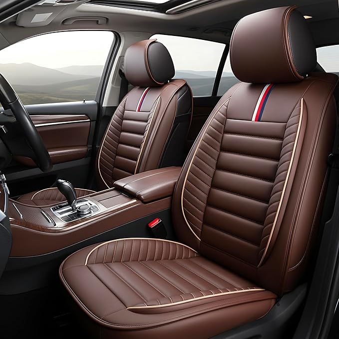 OASIS AUTO Car Seat Covers Front Seats Premium Waterproof Faux Leather Cushion Universal Accessories Fit SUV Truck Sedan Automotive Vehicle Auto Interior Protector (OS-001 Brown)