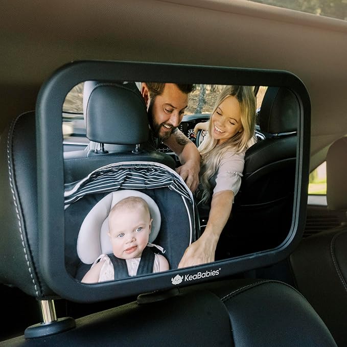 KeaBabies Shatterproof Baby Car Mirror, Backseat - Large Safety Car Seat Mirror for Baby Rear Facing, 360 Crystal Clear View, Accessories for Removable Headrest, Easy Install & Adjust (Sleek Black)