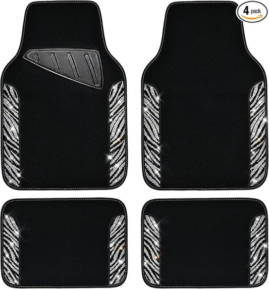 CAR PASS Bling Zebra Car Mats Rhinestones Diamond Waterproof Floor Mat Crystal Sparkly Shining Glitter Carpet Anti-Slip PVC Heel Pad, Universal Fit Automotive SUV,Sedan,4pcs Girly Women, Zebra Diamond