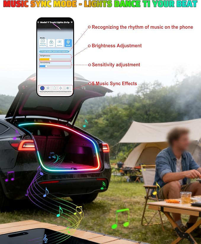 RGB LED Trunk Light Strips for Tesla Model Y & Juniper 2021-2026, APP Control Ambient Neon Trunk Lights with Magnetie Sensor, Auto On/Off, Music Sync, Waterproof Silicone, Plug & Play