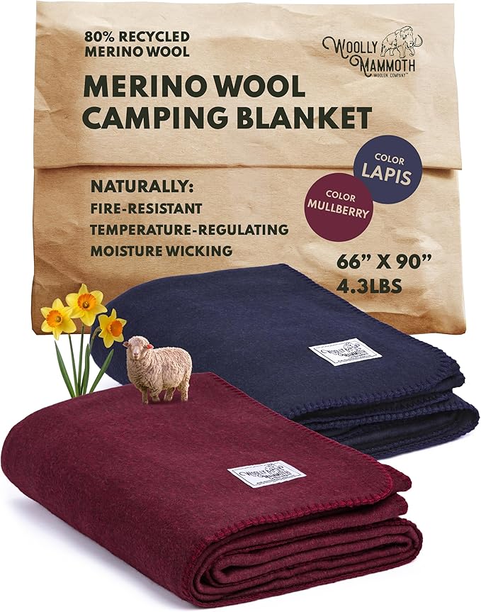 Woolly Mammoth 80% Merino Wool Camping Blanket 2-Pack - Naturally Fire-Resistant and Temperature-Regulating - for Cold Weather, Camping, Bushcraft and Emergency Car Kits (66" x 90", Lapis & Mulberry)