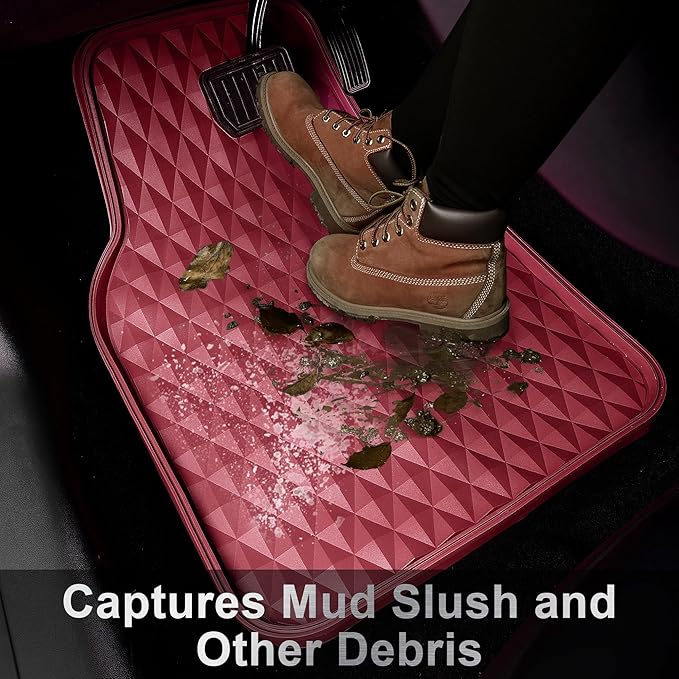 CAR PASS Deep Dish Rubber Car Floor Mats All Weather Protection - Heavy Duty Waterproof Auto Floor Mats Universal Fit for Sedan SUV Truck - Anti-Slip 3D Rhombus, 4 Pieces (Burgundy)