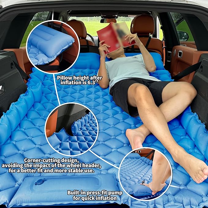 Inflatable Car Air Mattress, SUV Air Mattress for Travel Camping, Ultralight Camping Bed with Pillow and Built-in Foot Pump, Portable Sleeping Pad for SUV -Blue