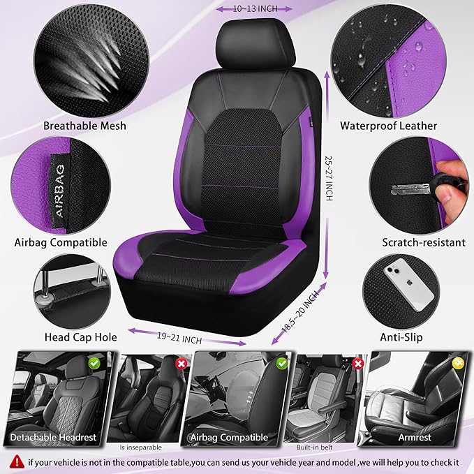 CAR PASS Leather Car Seat Covers Front Seats only, with Air Mesh Front Seat Covers Breathable, Cool Automotive Seat Covers 2 Pack, Universal Fit Most Cars,SUV,Truck,Van Airbag Compatible(Black Purple)