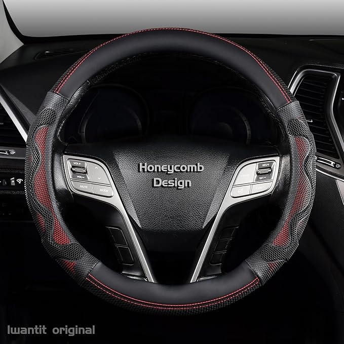 Iwantit® Steering Wheel Cover with 3D Honeycomb Anti-Slip Design and Breathable Fabrics, Universal 14.5-15 Inch (Red/Black)