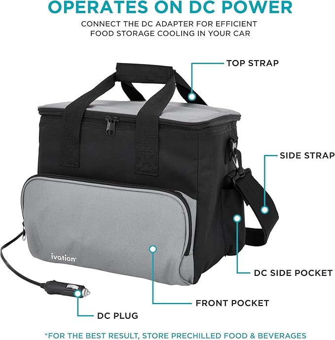 Ivation Portable Electric Cooler Bag | 15L Soft Sided Thermoelectric Travel Cooler with Shoulder Strap, Storage Pocket & DC 12V Plug in for Car, Truck & RV Camping