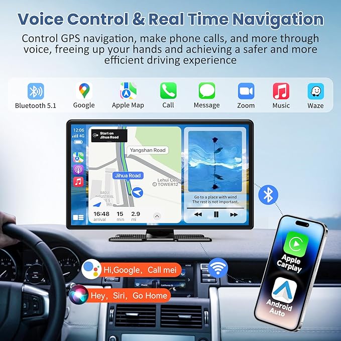 Largest 11.3" Portable Apple Carplay Screen, Wireless Car Play & Android Auto Touch Screen, Car Stereo with App View/4K Dash Cam/Backup Camera/Mirror Link/Voice Control/Music Play/GPS/Bluetooth/FM