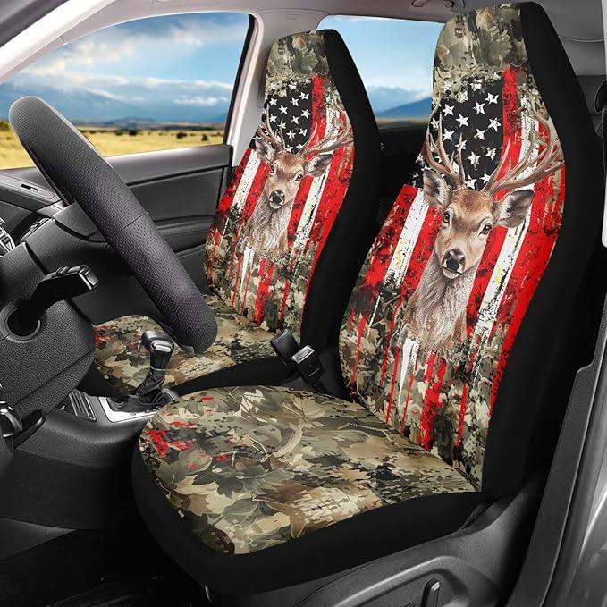 ELEQIN Deer American Flag Front Car Seat Covers 2pc, Sunflower Automotive Seat Covers Car Accessories Universal Size Fit for Most Cars,SUVs&Trucks&Vans