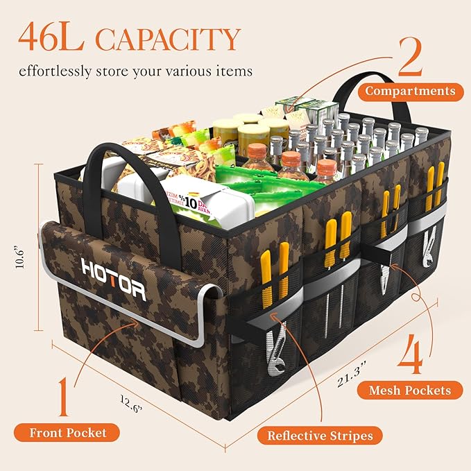 HOTOR Trunk Organizer - Car Organizer with 5 Pockets, Trunk Organizer for SUV & Sedan, Car Organization with Sturdy Base Panel for Car Accessories, Brown Camouflage, 2 Compartments, 21.3"×12.6"×10.6"