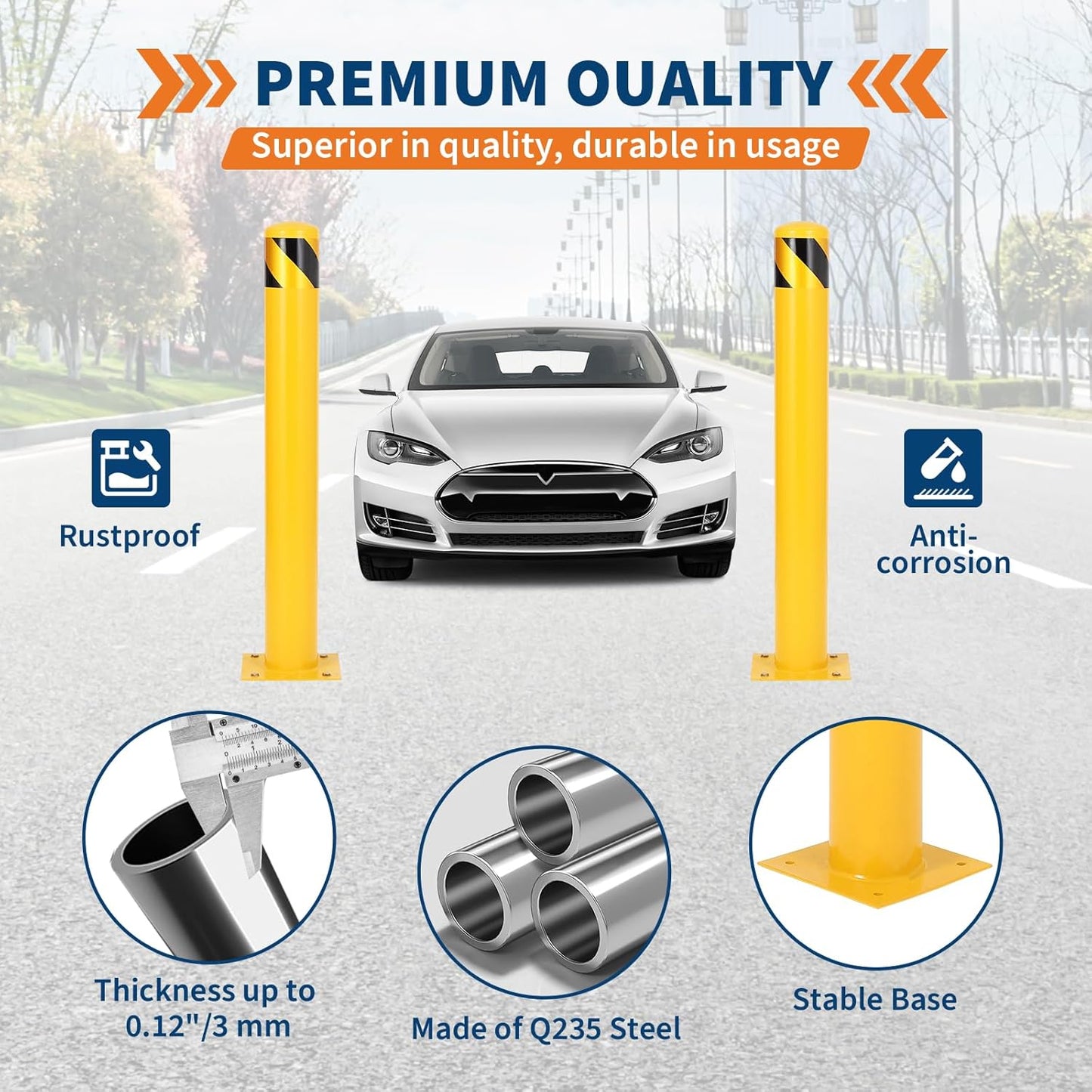 4.5x42 Inch Safety Bollard Post - Yellow Steel Bollard with Anchor Bolts (2-Pack) for Parking Lots, Walkways & Traffic Areas
