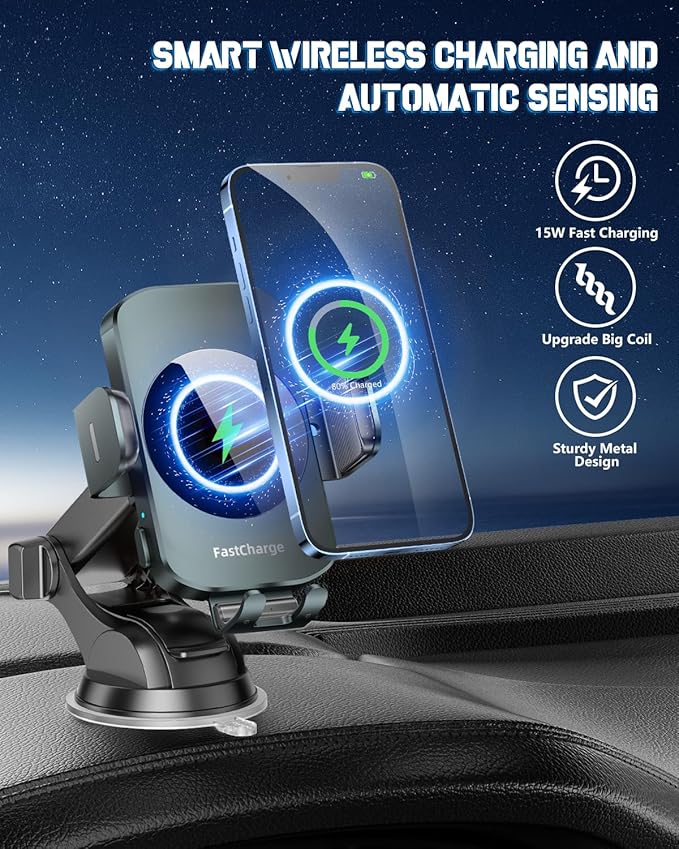 Wireless Car Charger, Fast Charging Phone Holder 3 in 1 Phone Mount Auto Clamping Car Accessories Compatible with iPhone 17 16 15 14 13 12 11 Xs XR, Samsung S23 Ultra S22 S21 S20(Forest Green)