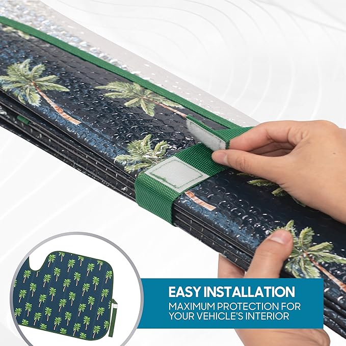 BDK Cali Palm Trees Front Windshield Sunshade Accordion Folding Style Auto Shade for Car Truck SUV Van Blocks UV Rays Sun Visor Protector Easy Setup Keeps Your Vehicle Cool - 58 x 27 inches