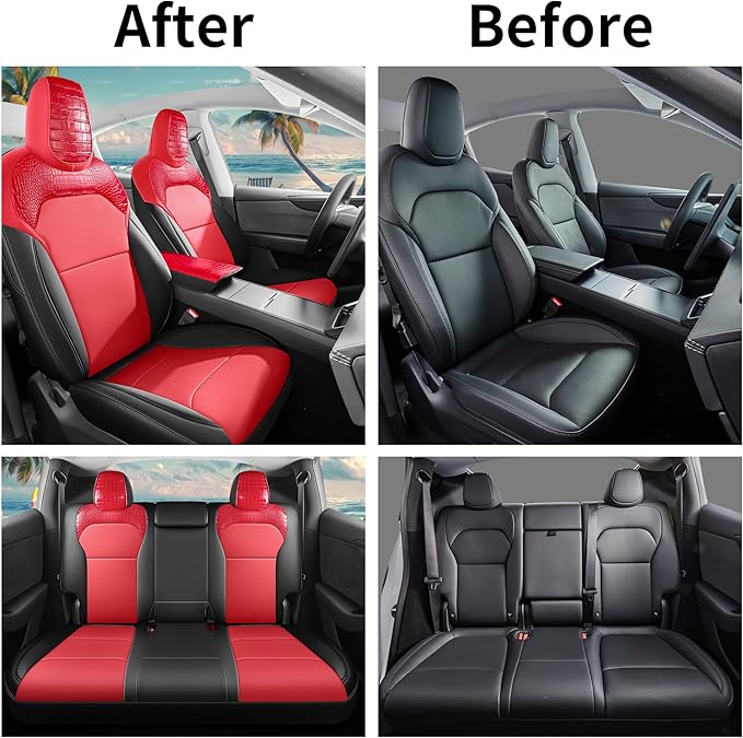 Seat Cover for Tesla Model Y Juniper 2025-2026 Custom Fit Leather Seat Cover Full Set (Crocodile Red+Black 25-26)