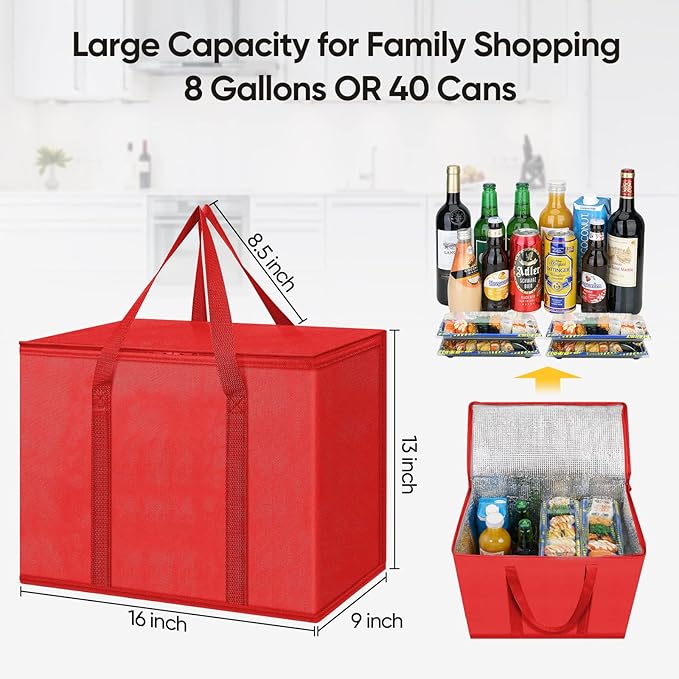 BALEINE 2Pk Insulated Reusable Grocery Bags, Collapsible Cooler Bag for Groceries, Heavy Duty Large Insulated Bag (16''x9''x13'', Bright Red)