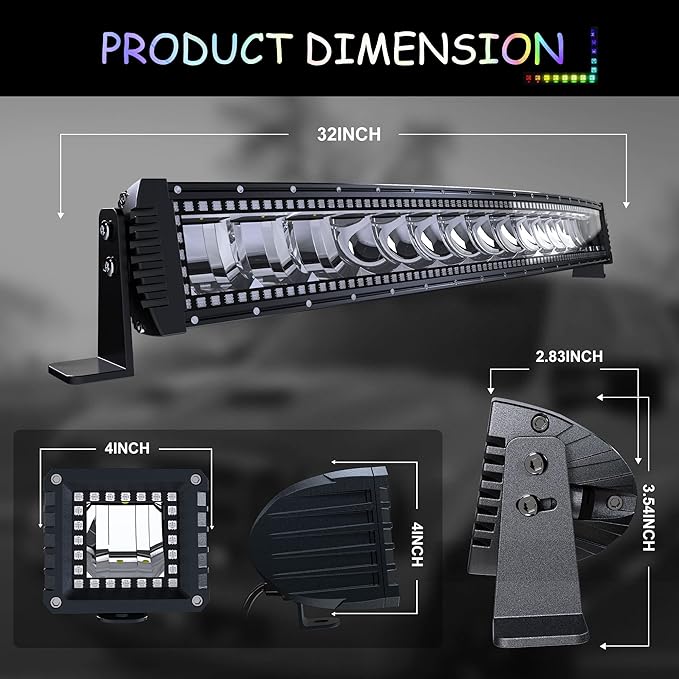 32" Curved RGB LED Light Bar 2X 4 Flood LED Pods with Chasing RGB Halo 16 Solid Colors Offroad Driving Fog Lights with Switch Wiring Harness