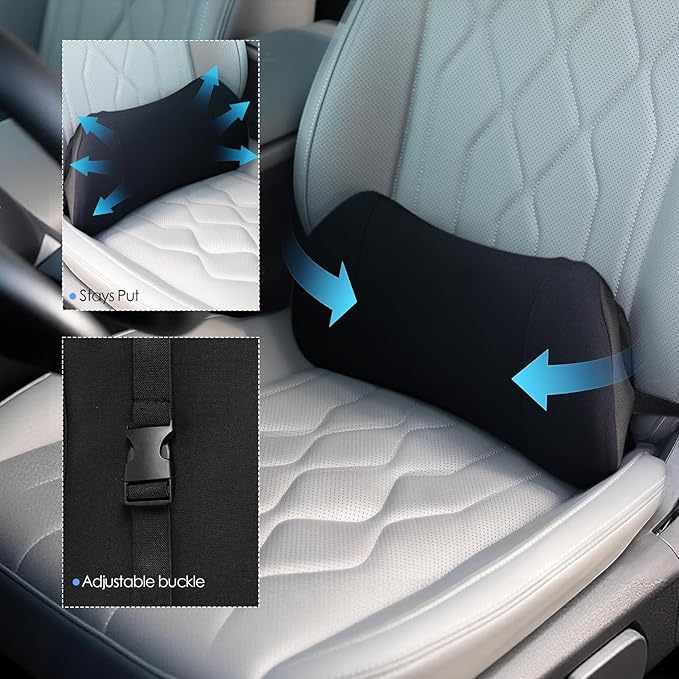 Lumbar Support Pillow for Car, Memory Foam Back Cushion Provides Lumbar Support to Relieve Back Pain, Ideal for Driving Cars and Office Chairs as a Back Support Pillow (Black)