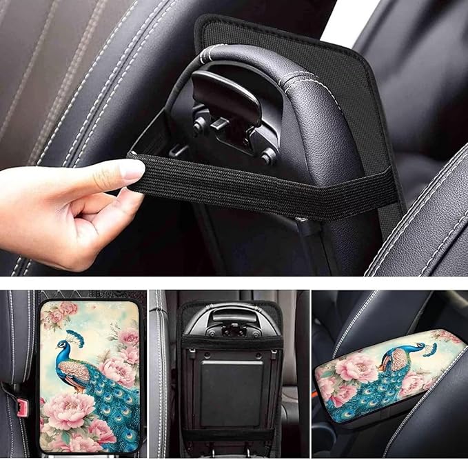 Suobstales Peacock Pink Flower Print Car Armrest Pad Soft Center Console Arm Rest Protector Cover Universal Car Interior Accessories Decoration