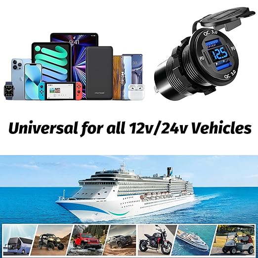 12 Volt USB Charger, 12v USB 4-Port Aluminum Alloy USB C Outlet with LED Voltmeter,Dual PD3.0 & QC3.0 for 12/24V Car Golf Cart Boat Marine Bus Truck RV Marine Motorcycle etc (Pack of Two)