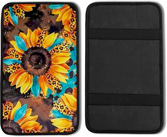 Leopard Sunflowers Vehicle Center Console Armrest Cover Pad,Leopard Sunflower Car Accessories Middle Console Cushion Pad,Arm Rest Mat Decor Sunflowers Gifts for Women for Most Vehicle SUV Truck