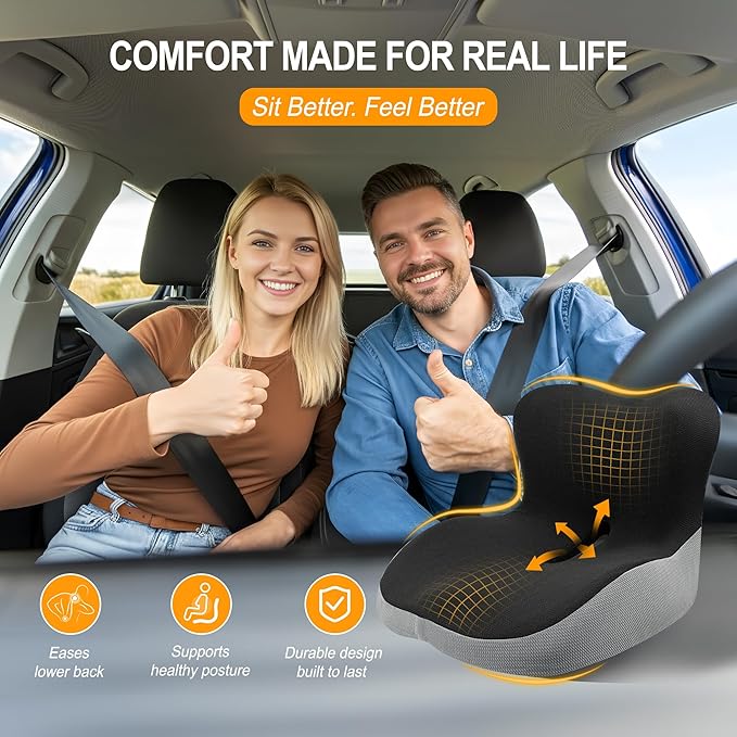 Memory Foam Car Seat Cushion with Lumbar Support, L-Shaped Ergonomic Design for Long Driving, Pressure-Relief Comfort for Car, SUV, Semi Truck & Office Chair