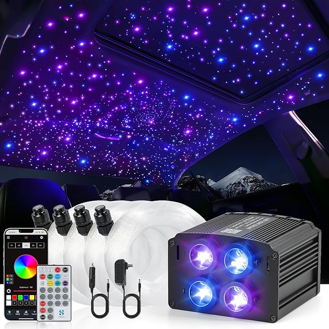 4 Colors 32W Twinkle Starlight Headliner Kit for Car Home with APP&RF Remote, RGBW 460pcs*0.03in*9.8ft Cables Fiber Optic Star Sky Roof Lights,4 Port Engine Sound Activated Ceiling Star Lights for Car