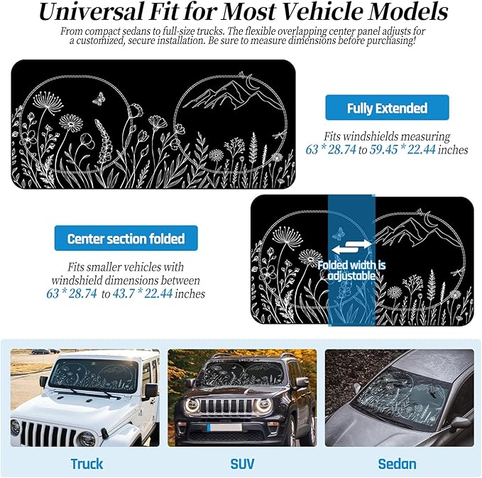 63"x28.5" Car Windshield Sun Shade with Storage Pouch, Stylish Printed Front Window Sunshade with Double Ring Frame, Universal Fit Foldable Heat Blocker & UV Protector for SUV, Sedan (Line Plants)