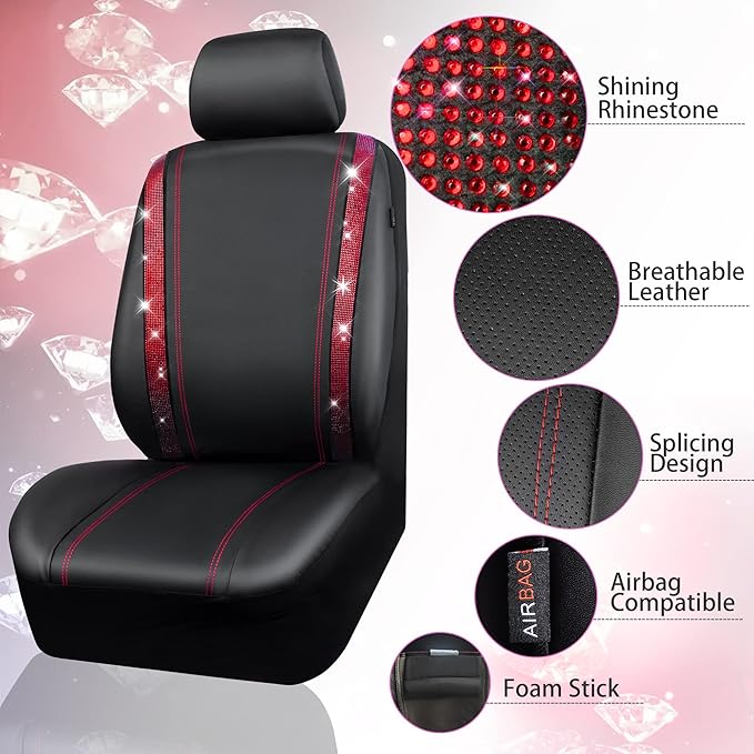 CAR PASS Leather Bling Diamond Car Seat Covers 2 Front Interior Sets, Waterproof Universal Shining Glitter Crystal Sparkle Fit for 95% Automotive Truck SUV Cute Women Girl, Black Red Rhinestone
