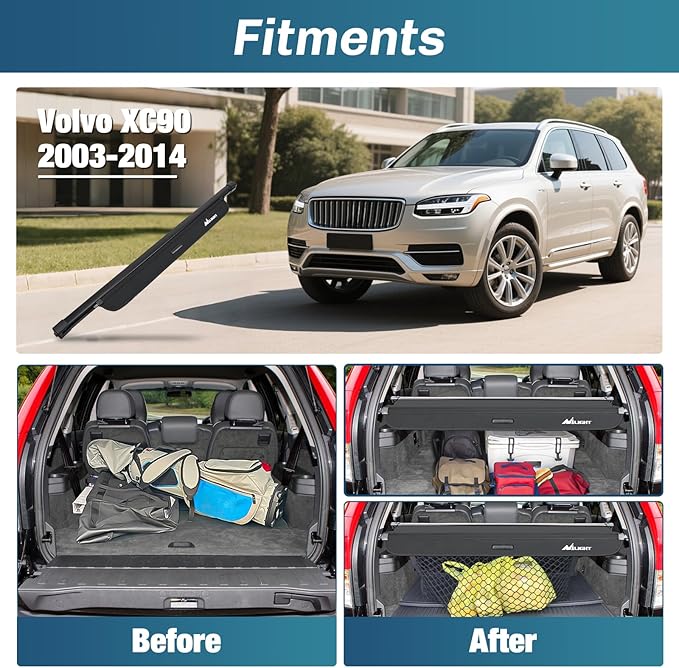Nilight Trunk Cargo Cover for Volvo XC90 2003-2014, Retractable Security Shade Rear Cargo Cover, with Trunk Storage Net
