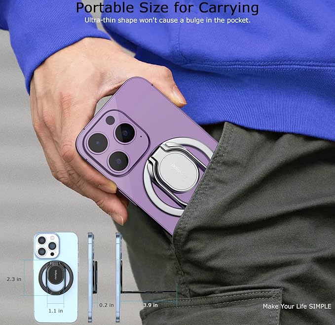 Doflyesky Magnetic Phone Grip Holder Kickstand, Gym Double Adjustable Finger Ring Grip and Stand, Compatible with PopSockets MagSafe Ring Removable for iPhone (Silver)