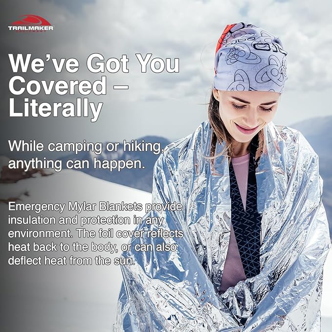 Trail maker Mylar Emergency Thermal Blankets for Survival, Thick Reusable Mylar Space Blankets Bulk 84" L x 36" W Emergency Foil Blankets for Warmth, Camping, Runners, Spa, First Responders (1)
