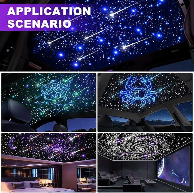 Car Starlight Headliner Kit, 16W Twinkle & Meteor Star Ceiling Lights, 2 in 1 Fiber Optic Light Engine 600pcs*0.02in*9.8ft+240 RGBW Shooting Stars Lights for Car Home Roof Décor