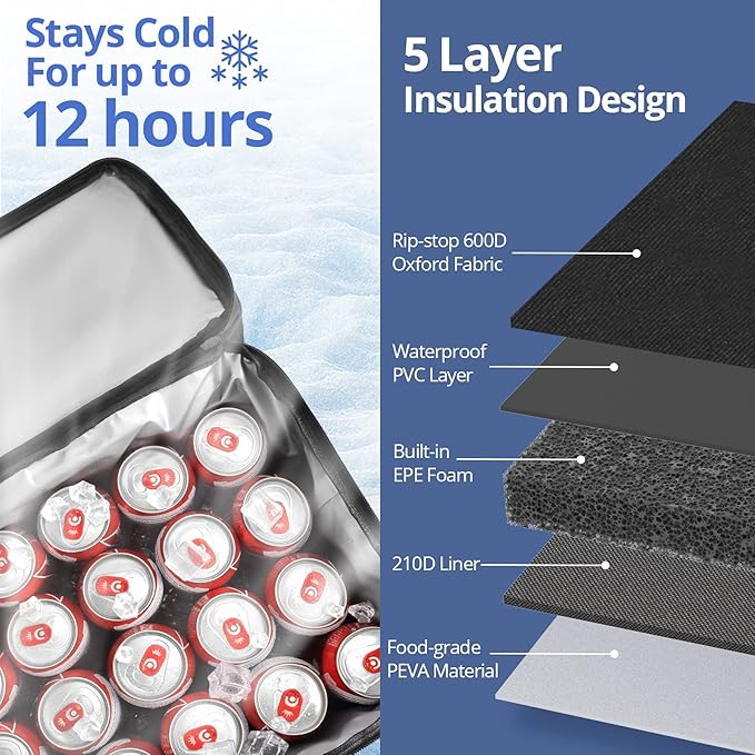 Maelstrom Portable Collapsible Soft Cooler Bag – 24/30/60 Cans Double-Deck Leakproof Ice Chest for Beach, Camping & Grocery
